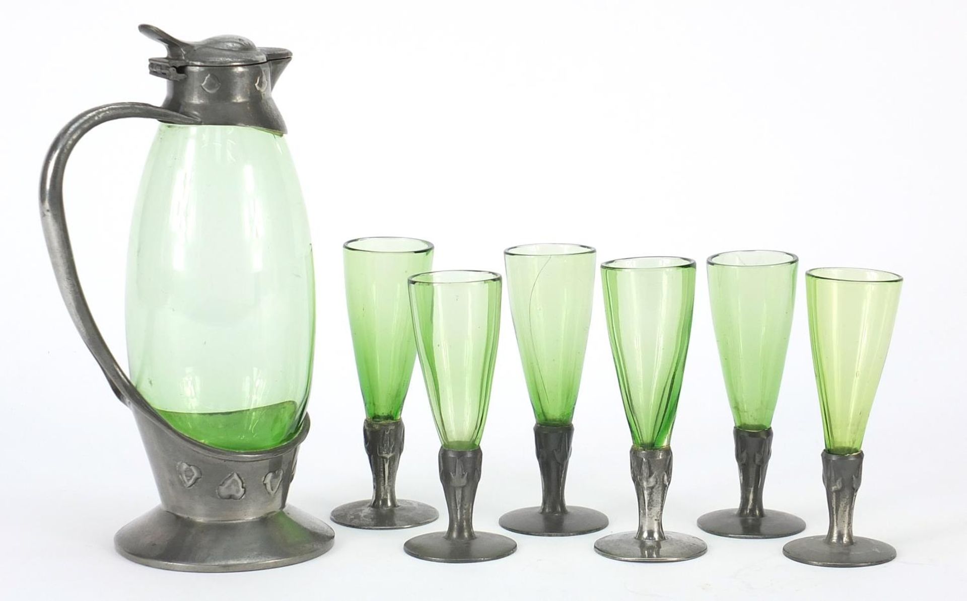Archibald Knox for Liberty & Co, Arts & Crafts pewter and green glass liqueur set comprising jug and - Image 2 of 4