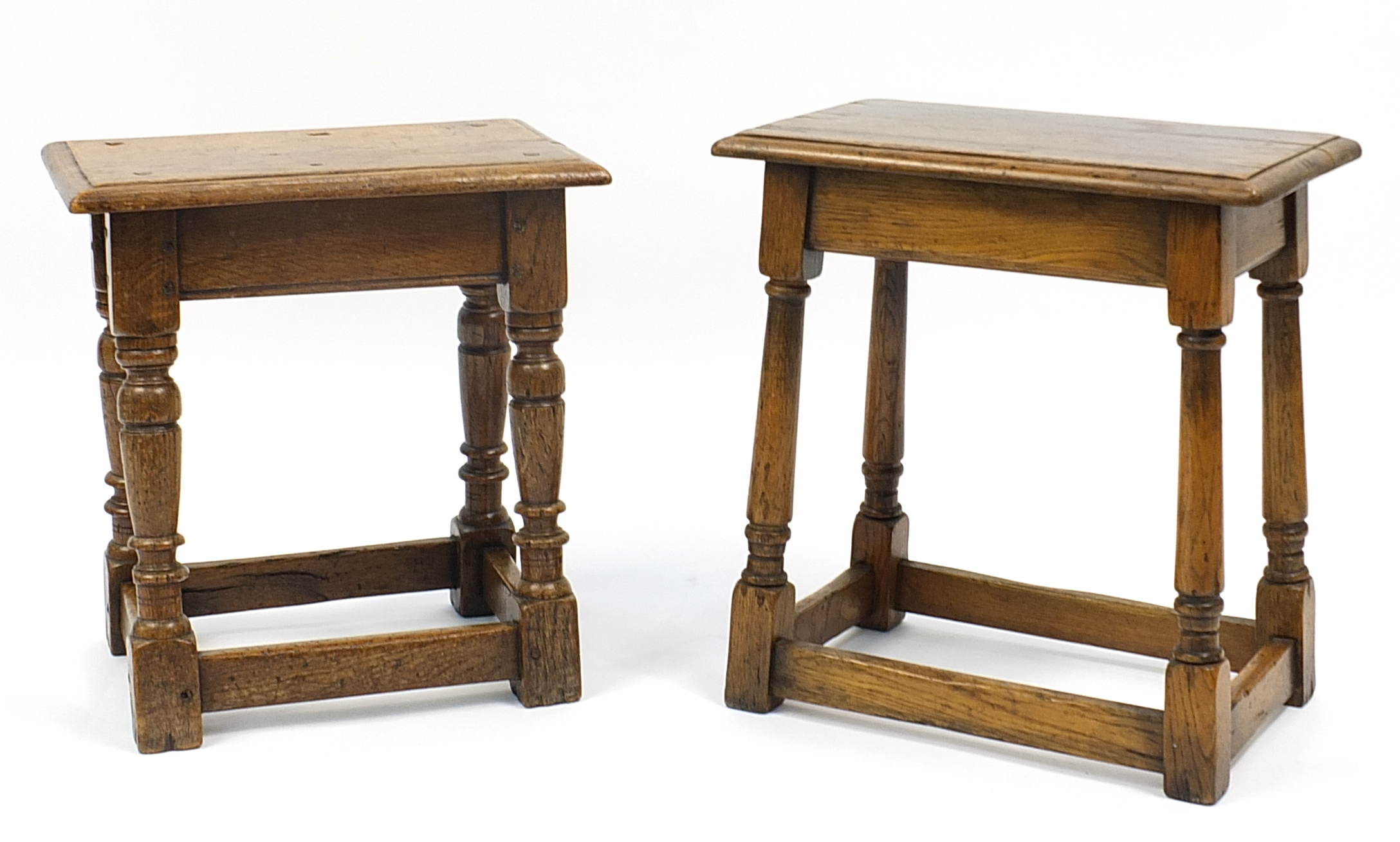 Two antique oak stools, the largest 49cm H x 45.5cm W x 27.5cm D