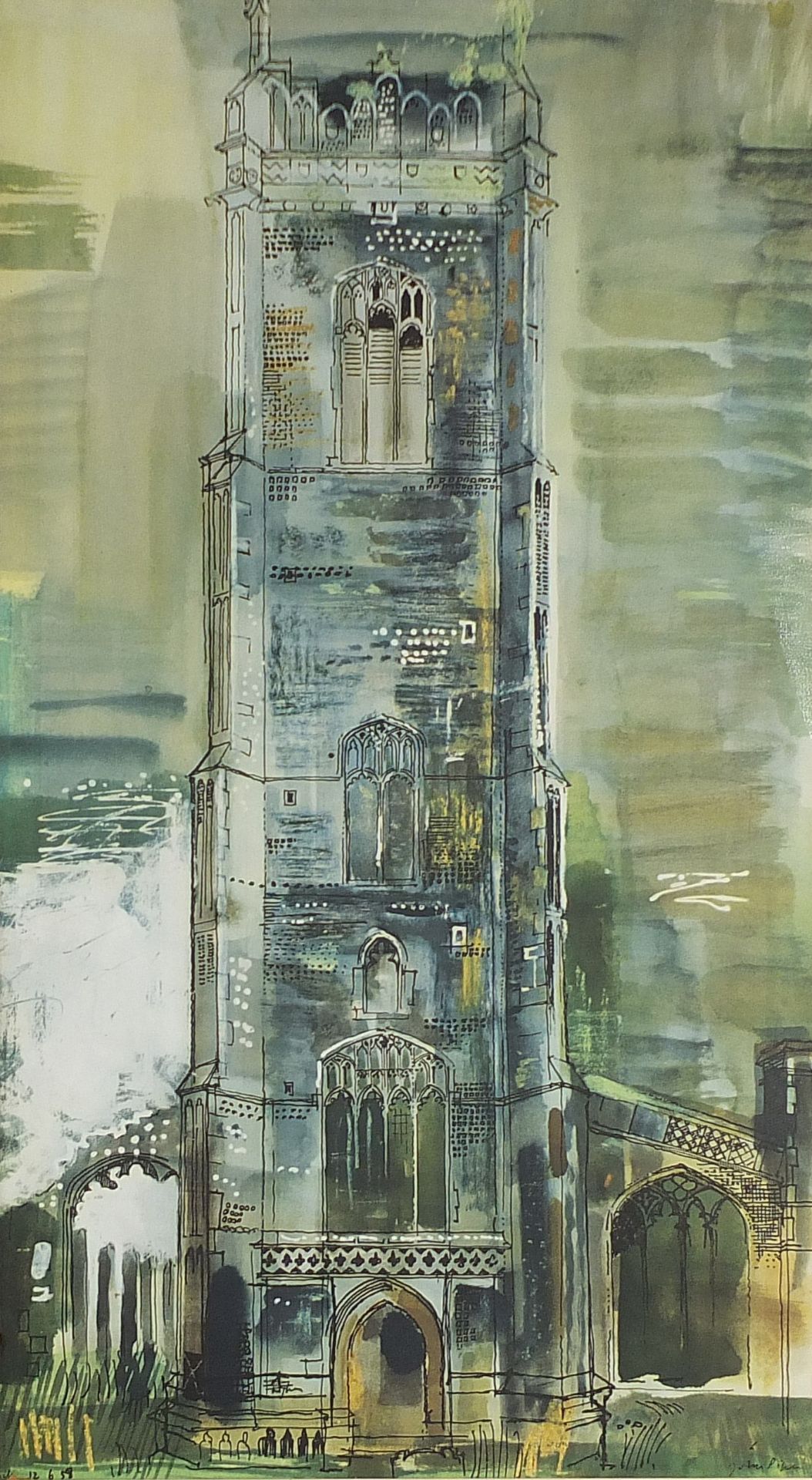 After John Piper - Walberswick Tower 1958, vintage print in colour, mounted, framed and glazed, 68.