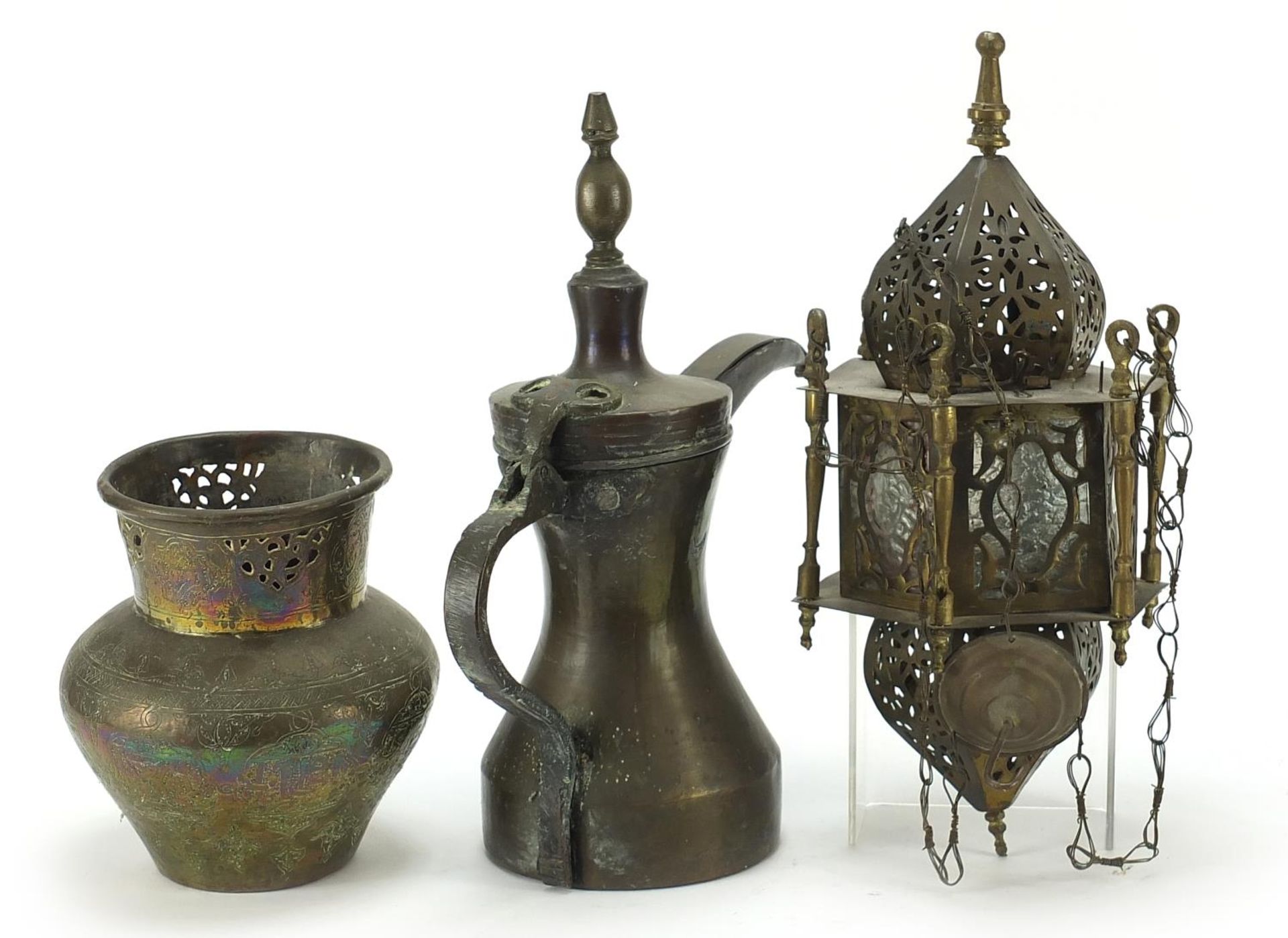 Middle Eastern metalware including an Omani coffee pot and Moroccan hanging lamp, the largest 30.5c - Image 2 of 3