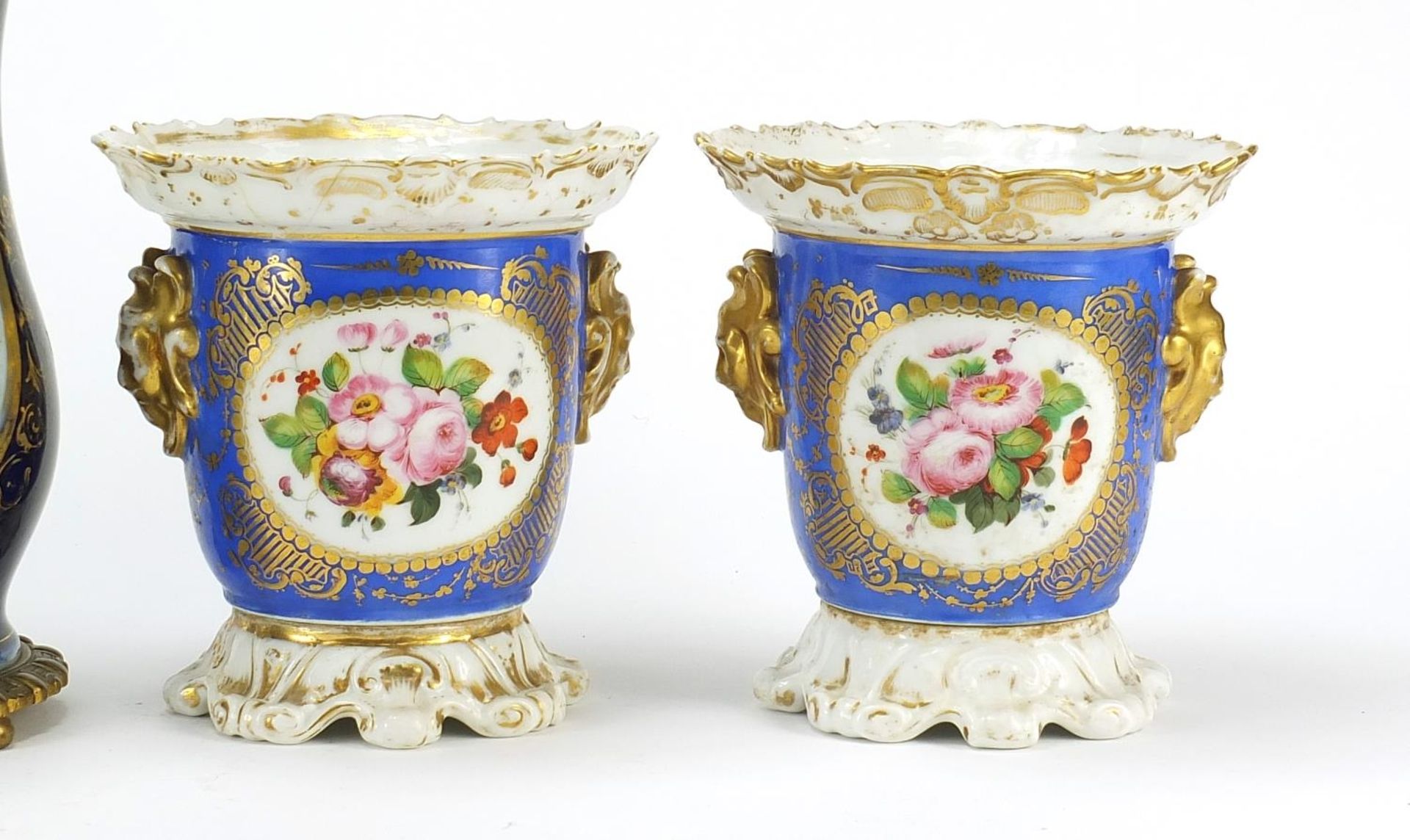 French porcelain to include table lamp hand painted with figures and flowers and three planters hand - Image 3 of 6