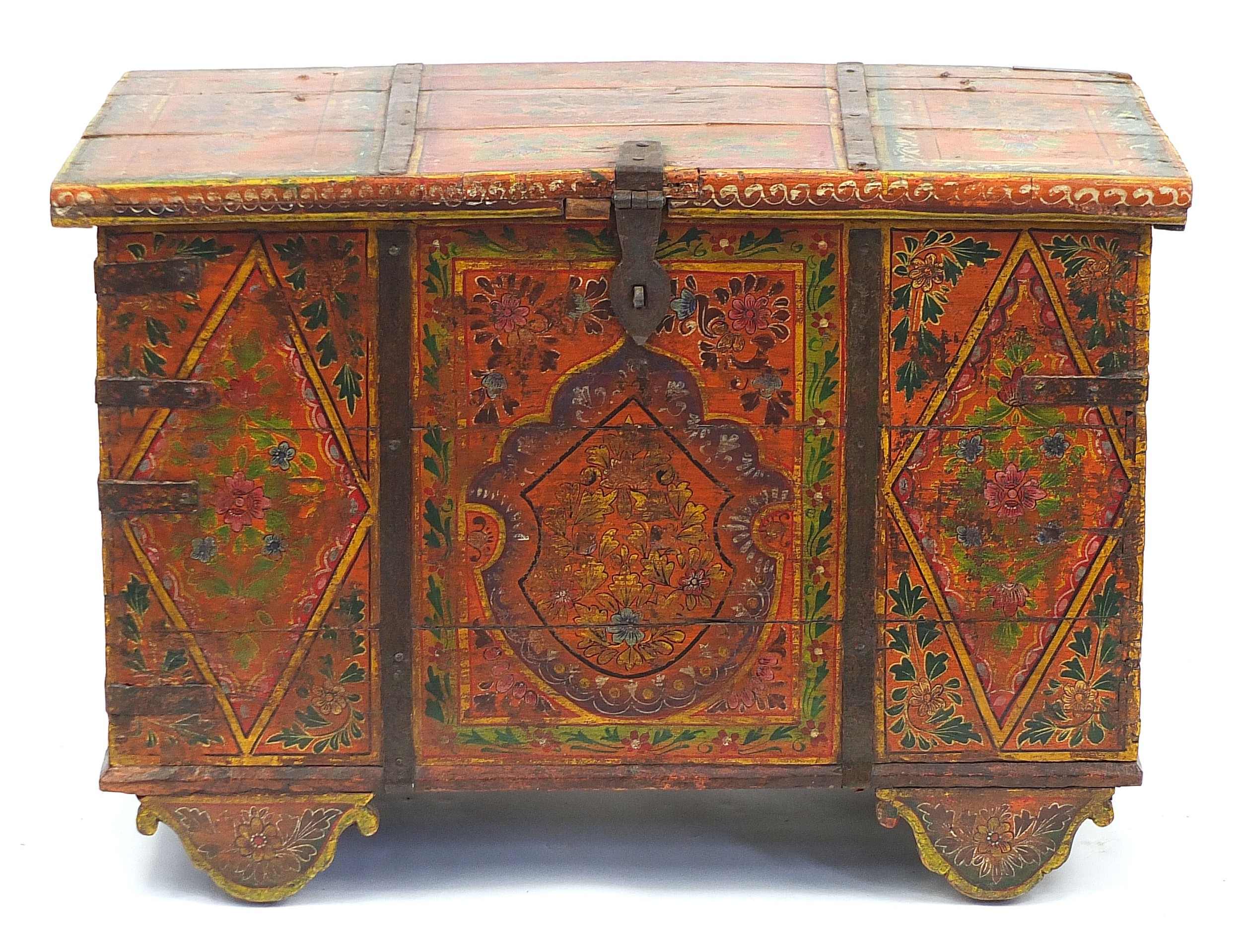 Indian metal bound chest hand painted with flowers, 66cm H x 96cm W x 54cm D - Image 2 of 6