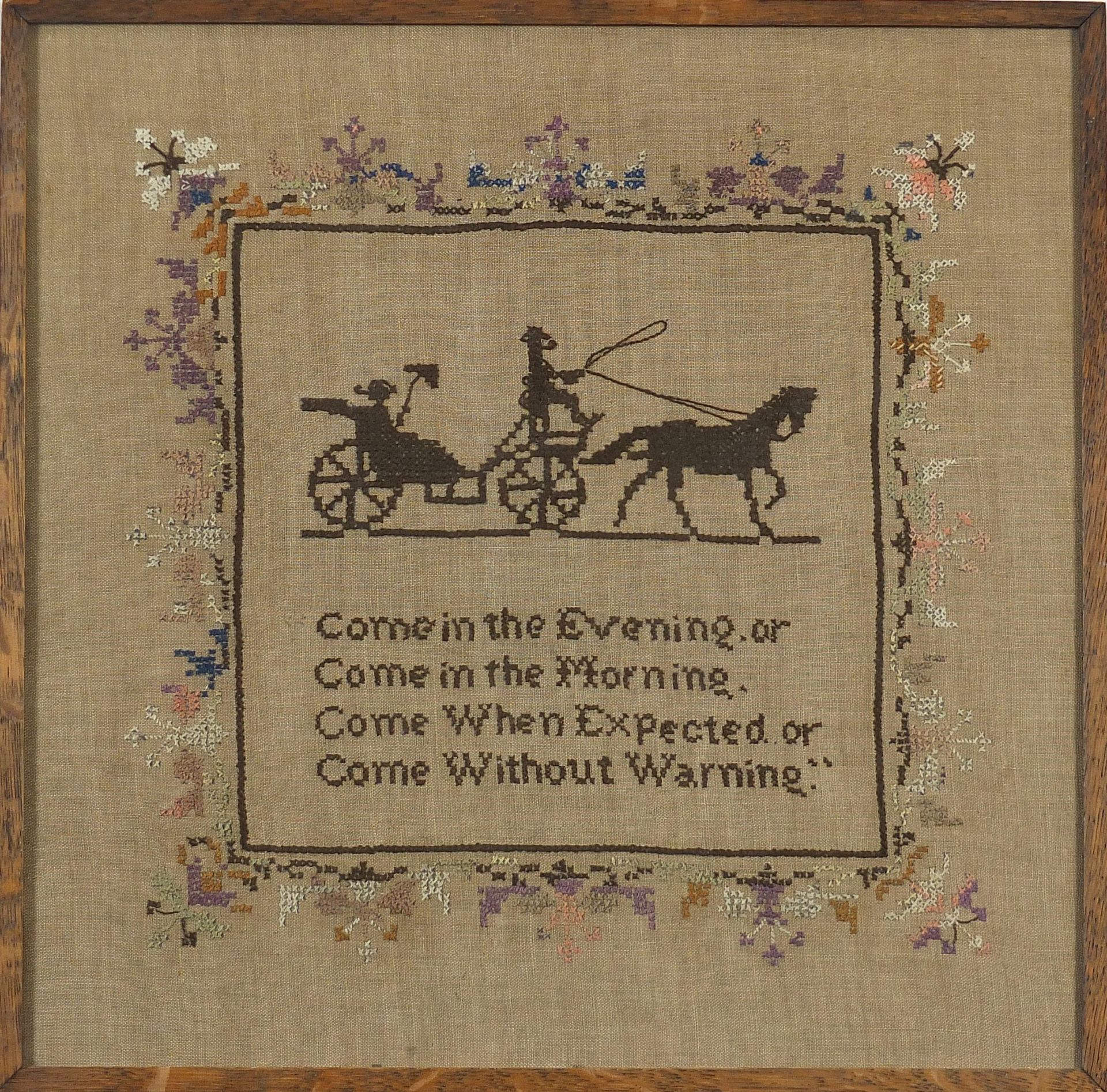 Antique cross stitch embroidery sampler with verse and horse and cart, framed and glazed, 38cm x - Image 2 of 3
