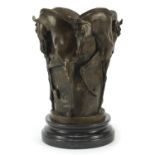 Art Deco style Maharajah Thoroughbred bronze wine cooler raised on a black marble base, 30.5cm high