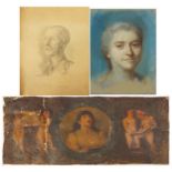 Antique and later paintings and drawings including a pastel portrait of a female and pencil