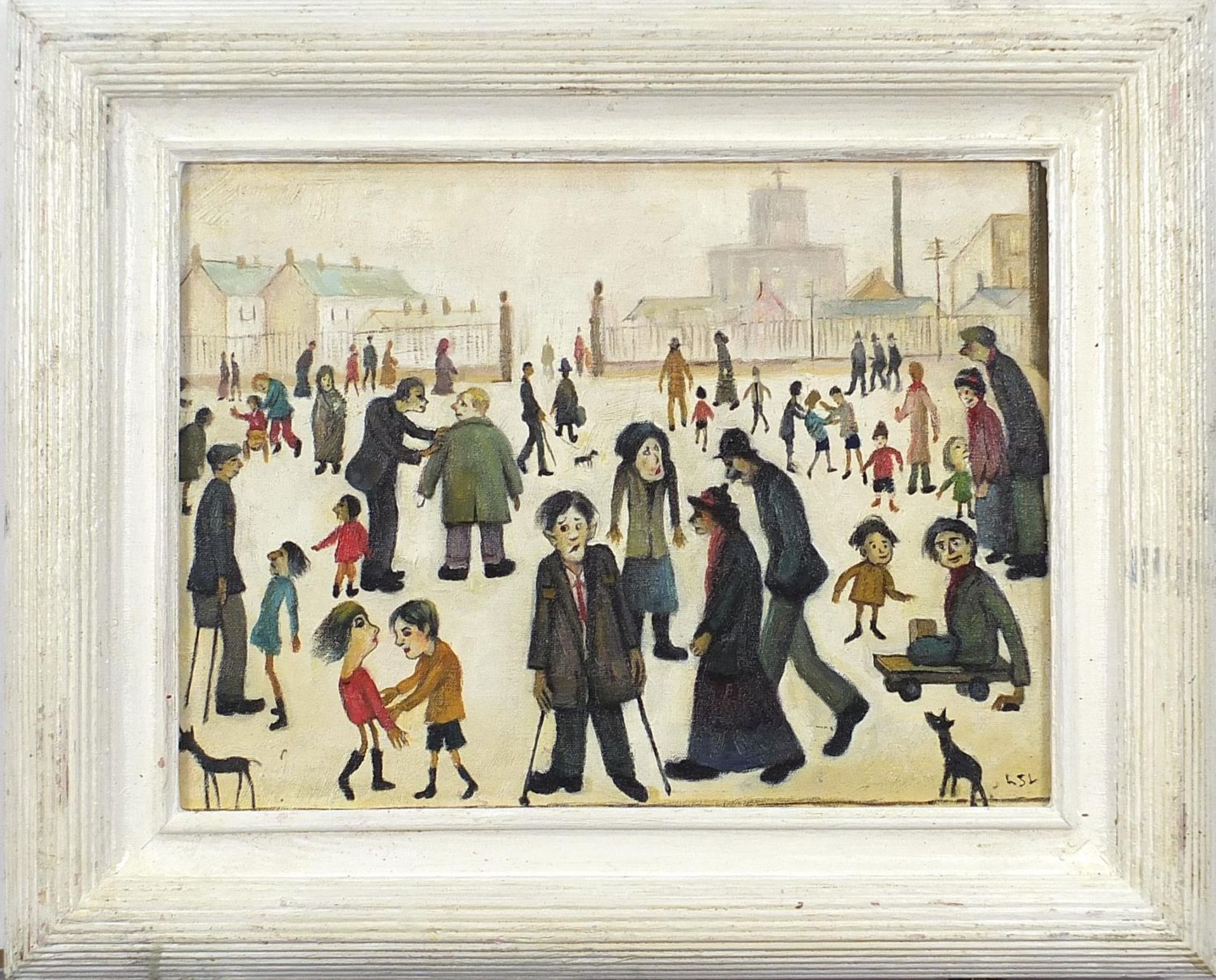 Figures walking about, Manchester school oil on board, mounted and framed, 39.5cm x 29cm excluding - Image 2 of 5