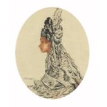 Profile portrait of a female wearing a headdress, oval charcoal and wax crayon, bearing a Henry