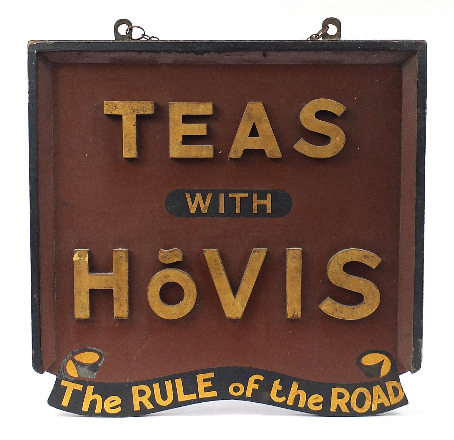 Teas with Hovis double sided wooden advertising sign, The Rule of the Road, 63cm x 64.5cm