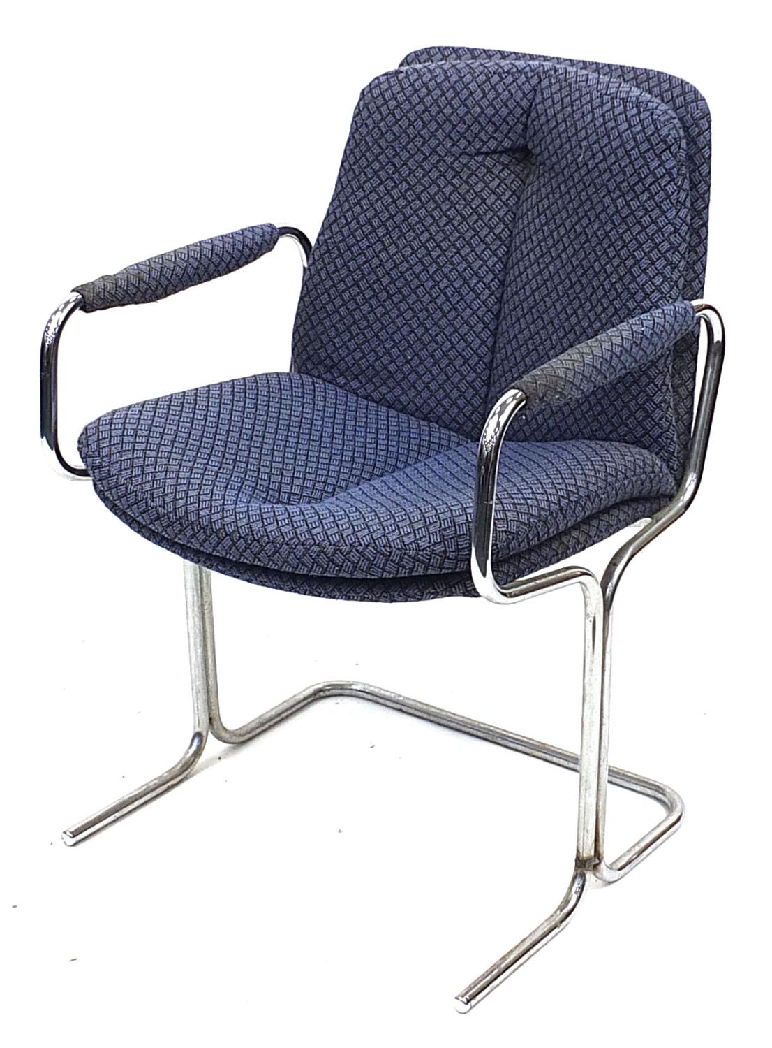 Vintage industrial design chromed chair with blue upholstery, 82cm high