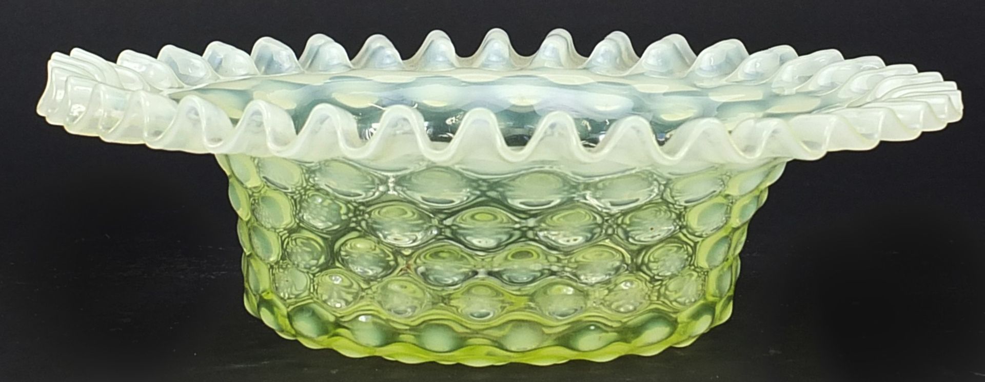 Art Nouveau Vaseline glass bowl with frilled rim, 22cm in diameter - Image 2 of 3