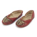 Pair of Turkish Ottoman leather child's shoes with silk embroidery