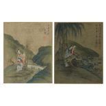 Females beside water, pair of Chinese watercolours on silks with character marks and red seal marks,