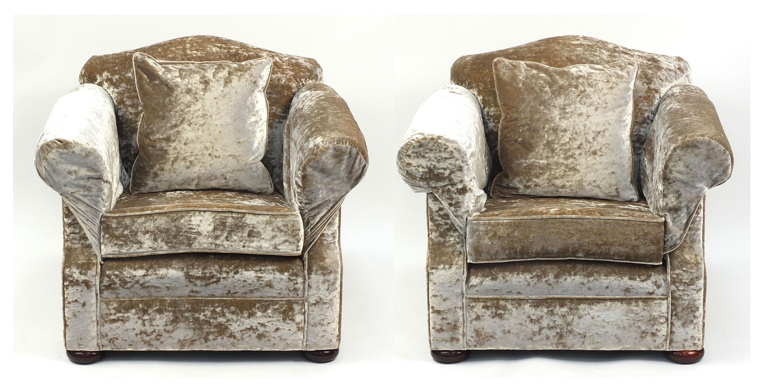 Pair of lounge chairs upholstered in grey crushed velvet, 85cm H x 100cm W x 100cm D