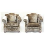 Pair of lounge chairs upholstered in grey crushed velvet, 85cm H x 100cm W x 100cm D