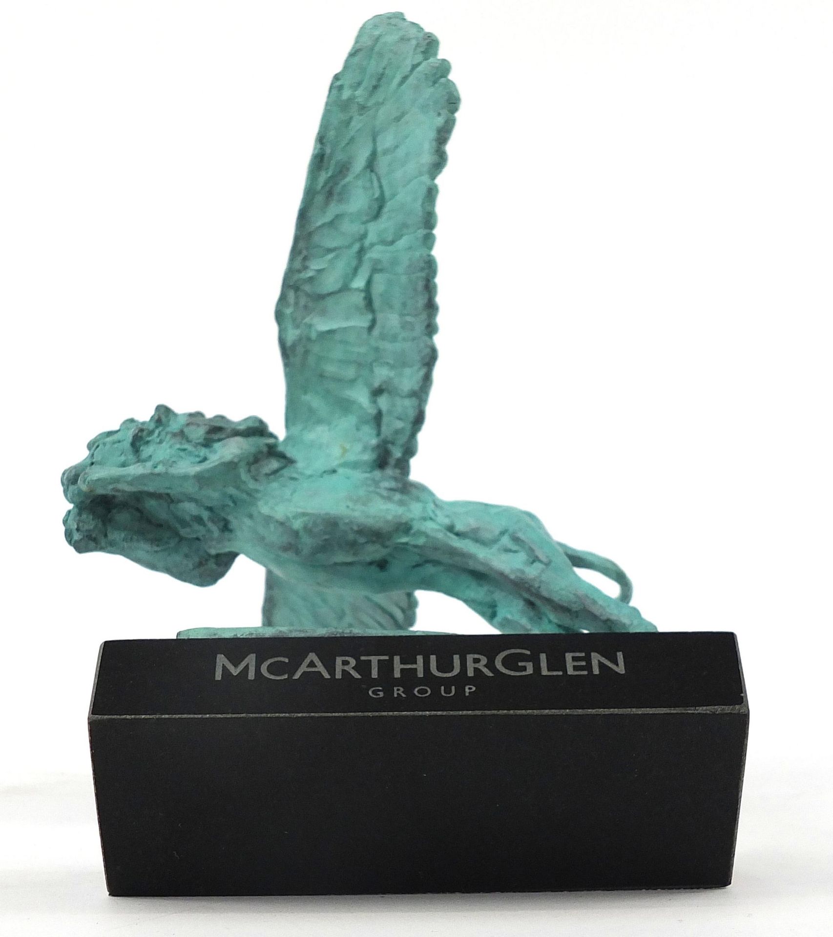 Mark Coreth for McArthur Glen Group, Verdigris bronze study of a winged lion raised on a rectangular - Image 3 of 5