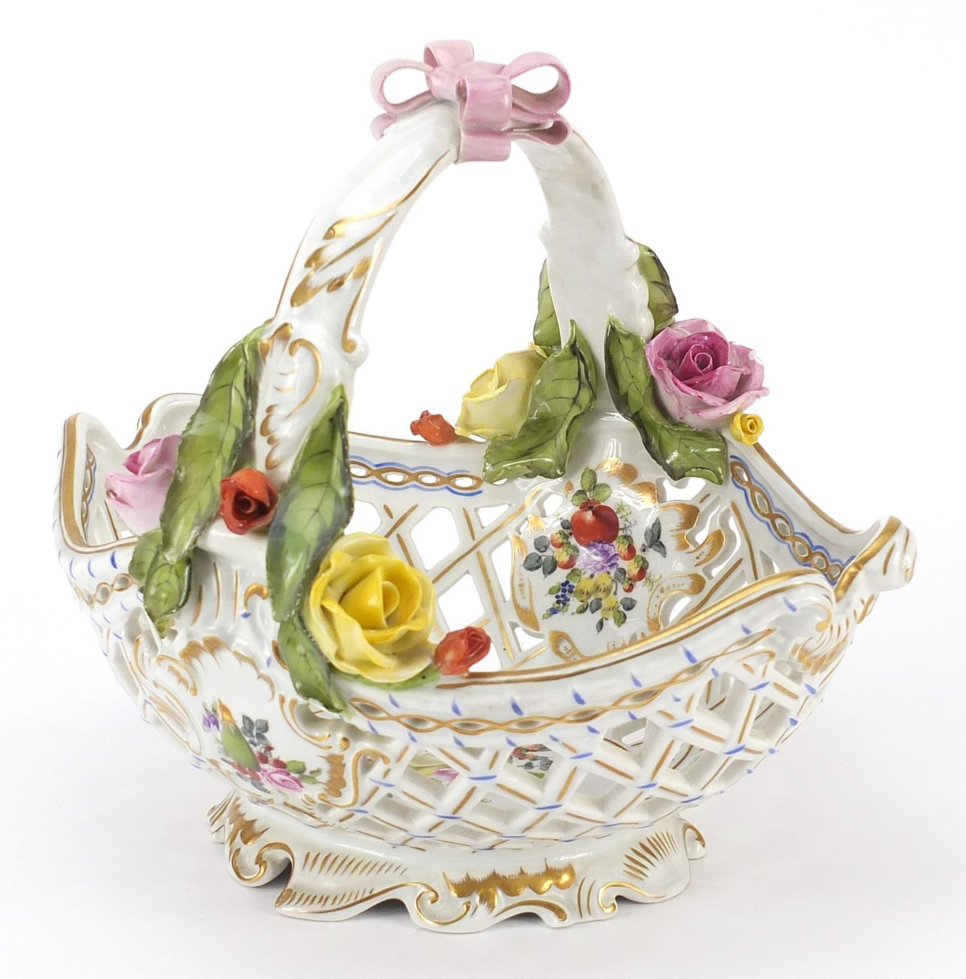 Herend, Hungarian porcelain floral encrusted pierced basket hand painted with flowers and fruit, - Image 2 of 3