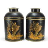 Pair of Toleware cannisters decorated with in the chinoiserie manner with fishermen, 36cm high