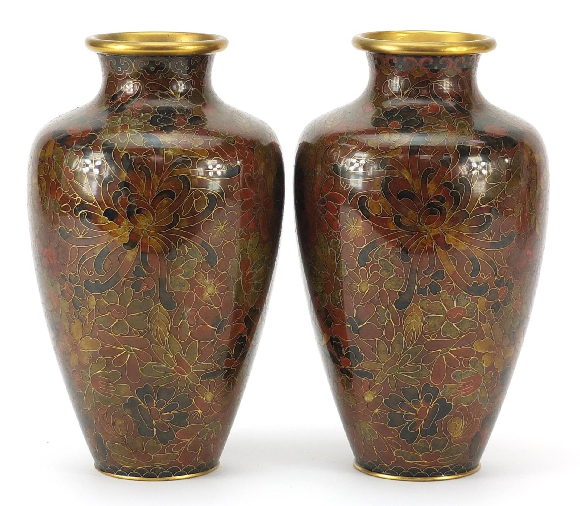 Pair of Chinese cloisonne vases enamelled with flowers, 21cm high - Image 2 of 3