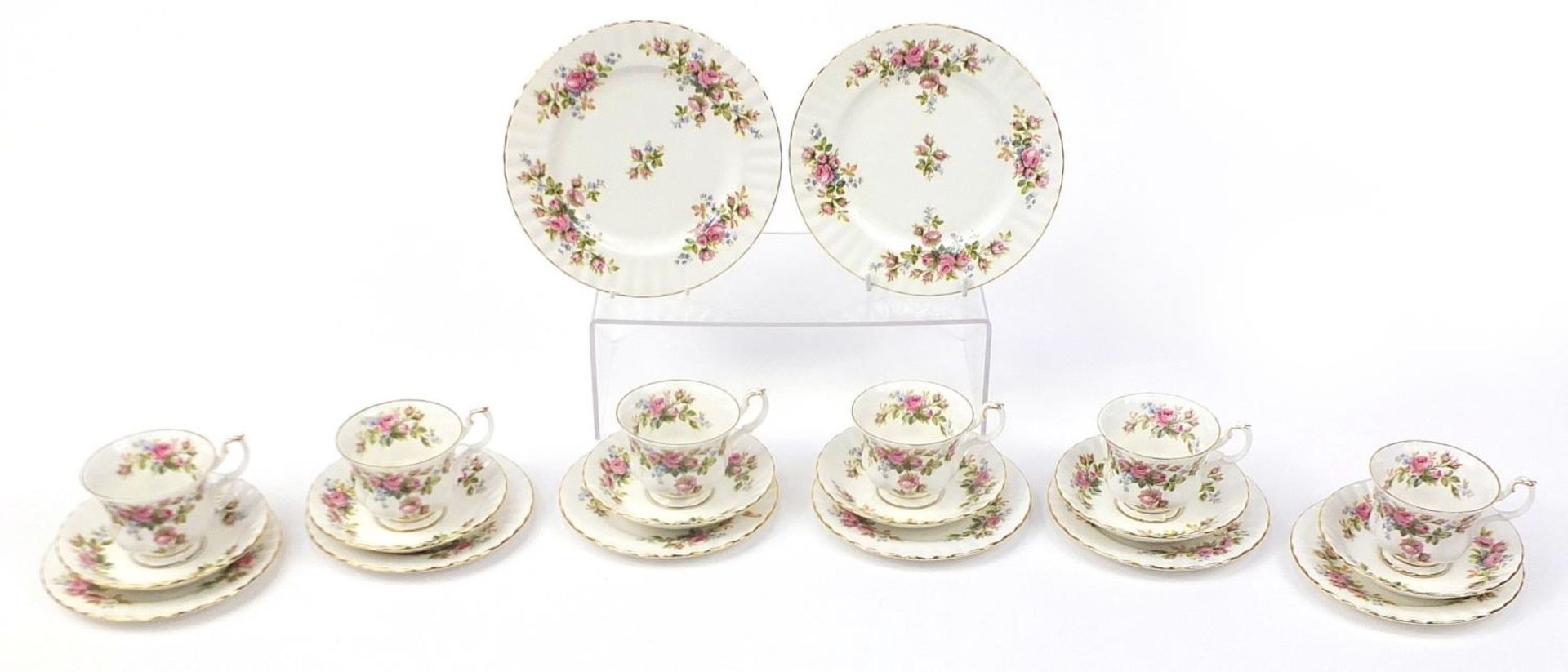 Royal Albert Moss Rose teaware including six trios, the largest each 22.5cm in diameter
