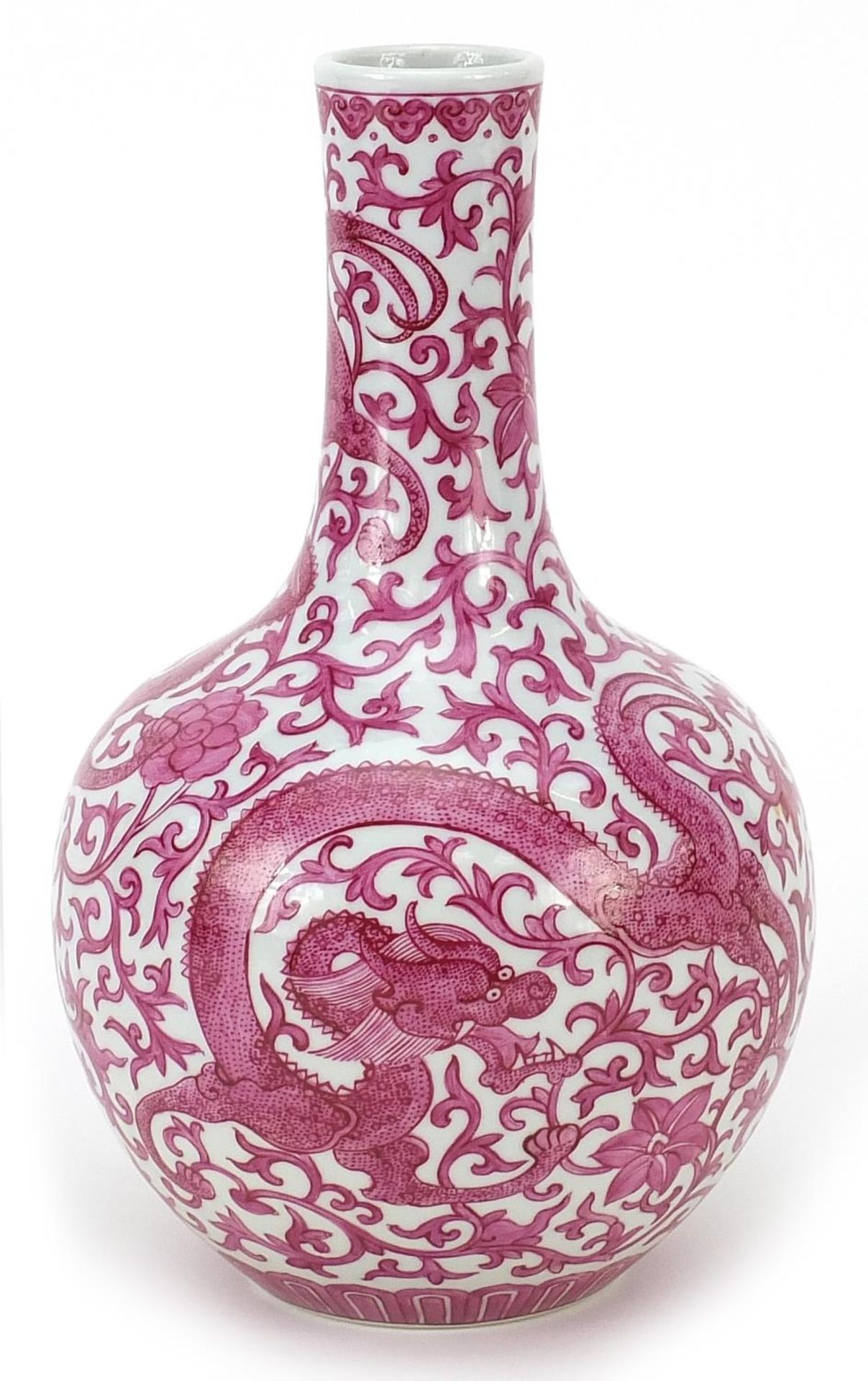 Chinese porcelain vase hand painted in pink with dragons amongst flowers and scrolling foliage, iron - Image 2 of 3