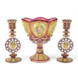 Attributed to Moser, Bohemian ruby flashed glass three piece garniture comprising centre bowl and