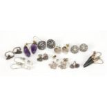 Group of silver and white metal earrings including marcasite, amethyst and horn, the largest 3cm