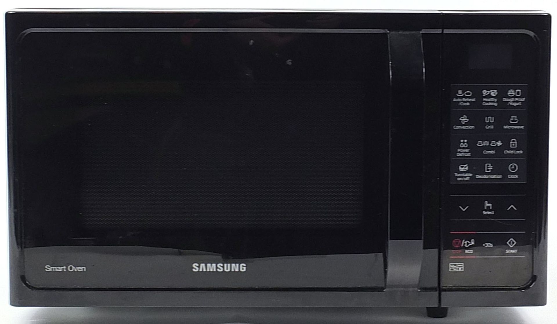 Black Samsung Smart Oven microwave model MC28H5013AK, 30cm H x 51.5cm W x 42cm D