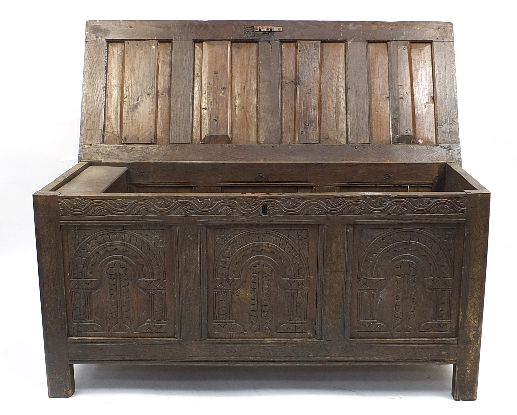 Antique oak three panel coffer, 68cm H x 136cm W x 57cm D - Image 2 of 3