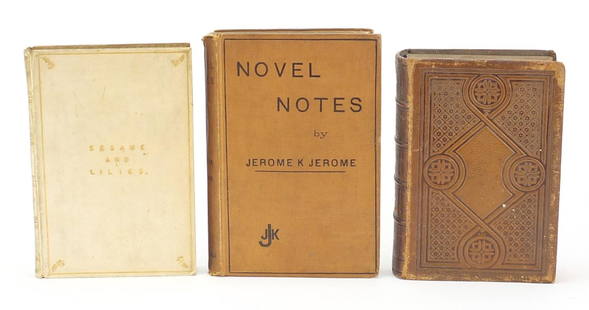 Three hardback books comprising Longfellow's Poetical Works, Novel Notes by Jerome K Jerome and
