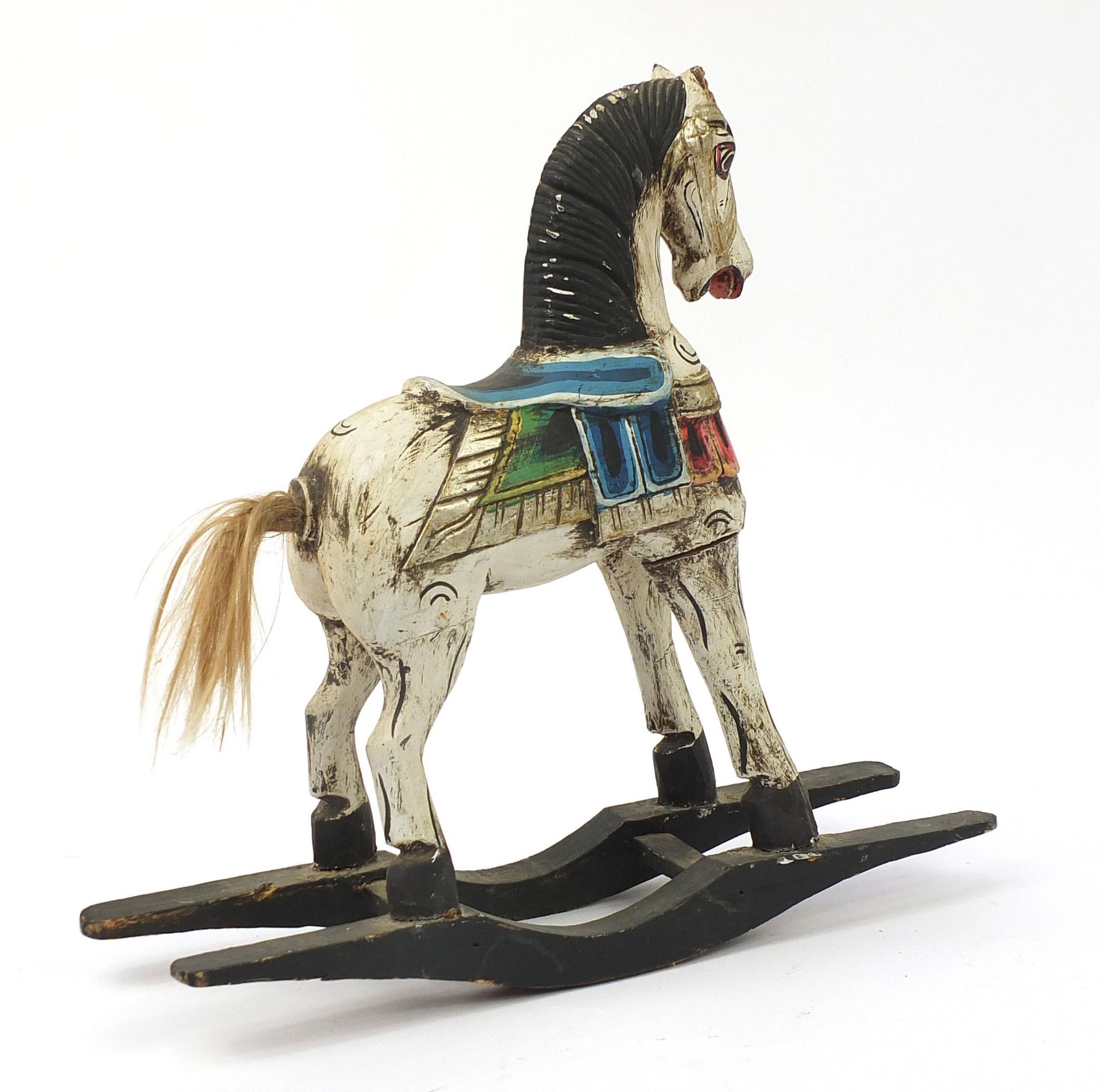 Hand painted carved wood doll's rocking horse, 49cm high - Bild 2 aus 3
