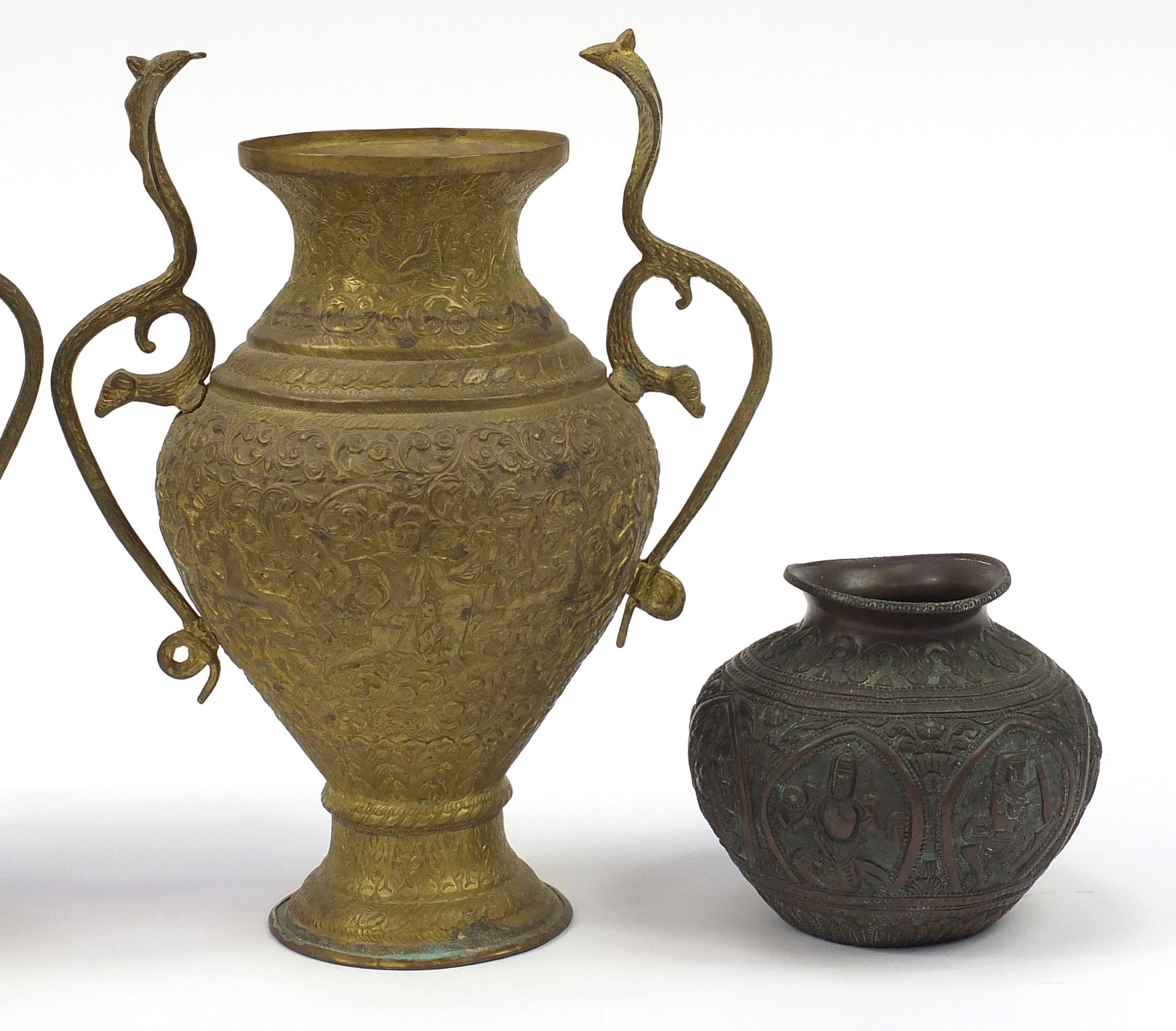 Indian and Middle Eastern metalware including a pair of vases with serpent handles decorated with - Image 4 of 7
