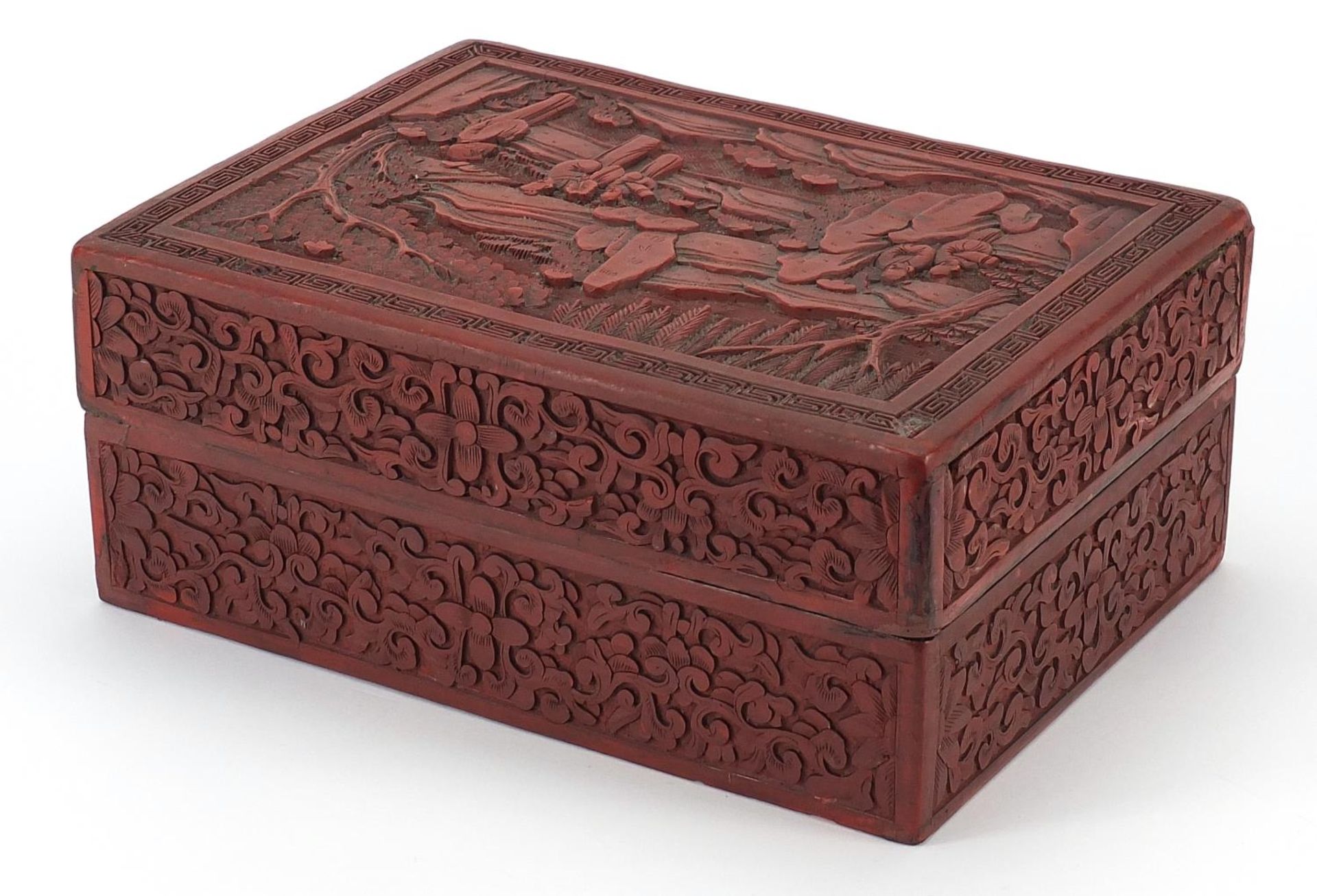 Large Chinese cinnabar lacquered box and cover carved with figures in a landscape and flowers, - Image 2 of 3