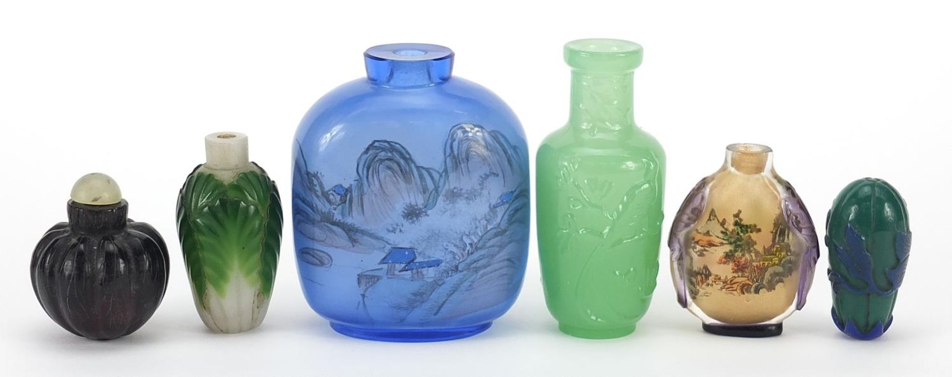 Six Chinese glass snuff bottles including two Peking cameo examples and two internally decorated - Image 4 of 5