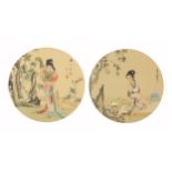 Females wearing Kimonos, pair of Chinese watercolours on silk, each with character marks and red