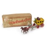 Vintage hand painted lead old coach and four horses with box, 17.5cm in length