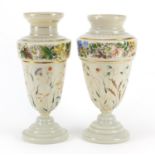 Matched pair of 19th century opaline glass vases, hand painted with flowers and insects amongst
