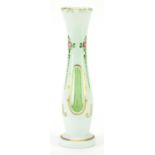 Bohemian white overlaid green glass vase hand painted with roses, 20.5cm high