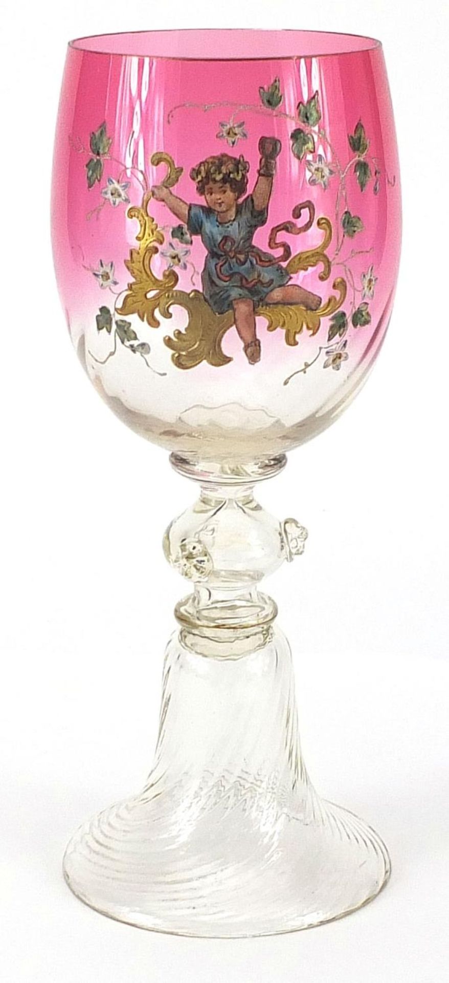 Attributed to Moser, large bohemian writhen glass cup enamelled with a child amongst flowers, 25.5cm