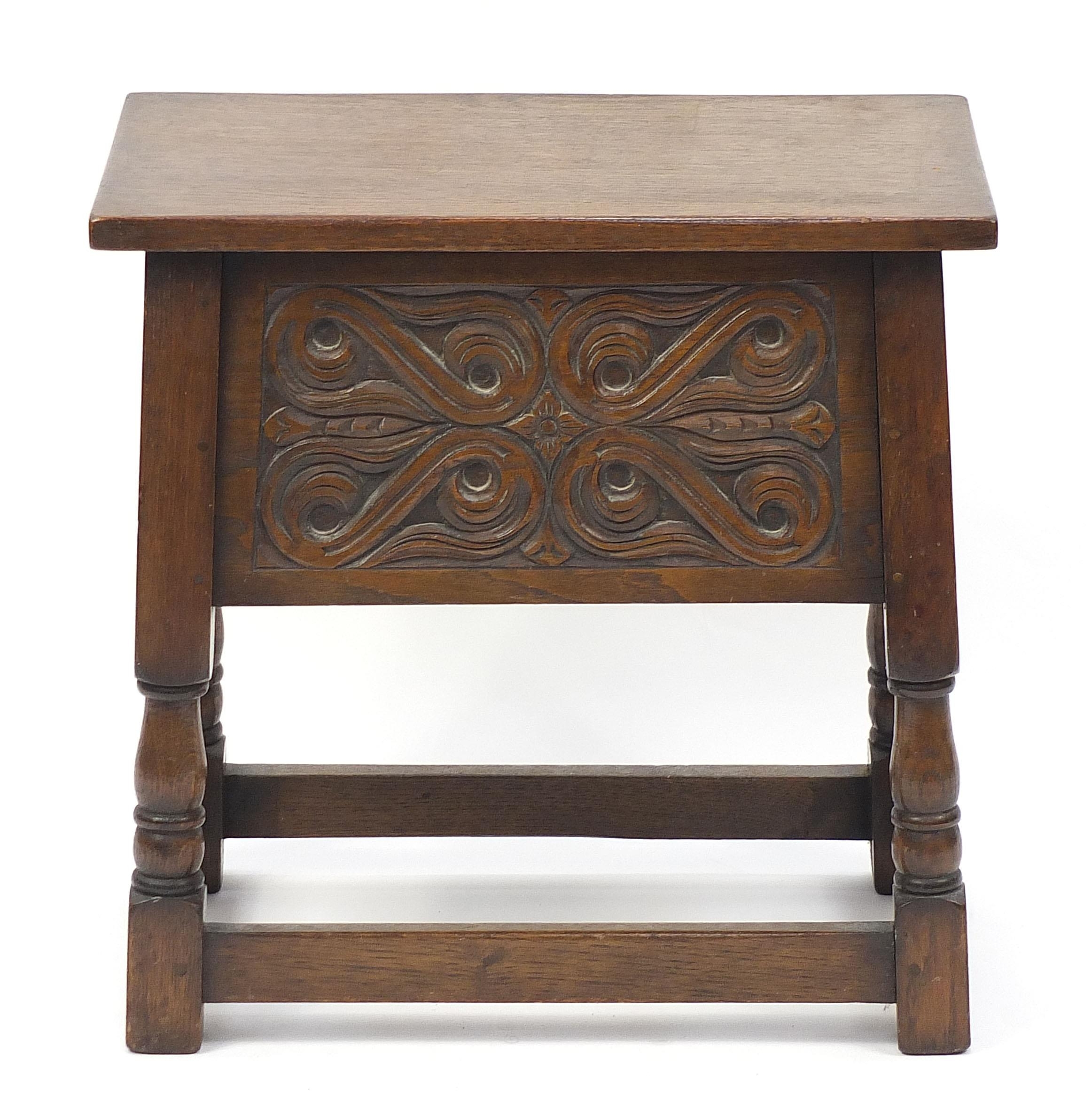 Carved oak work table with hinged lid, 50cm H x 51cm W x 31cm D - Image 2 of 4