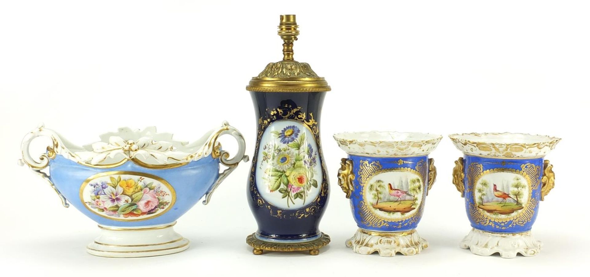 French porcelain to include table lamp hand painted with figures and flowers and three planters hand - Image 4 of 6