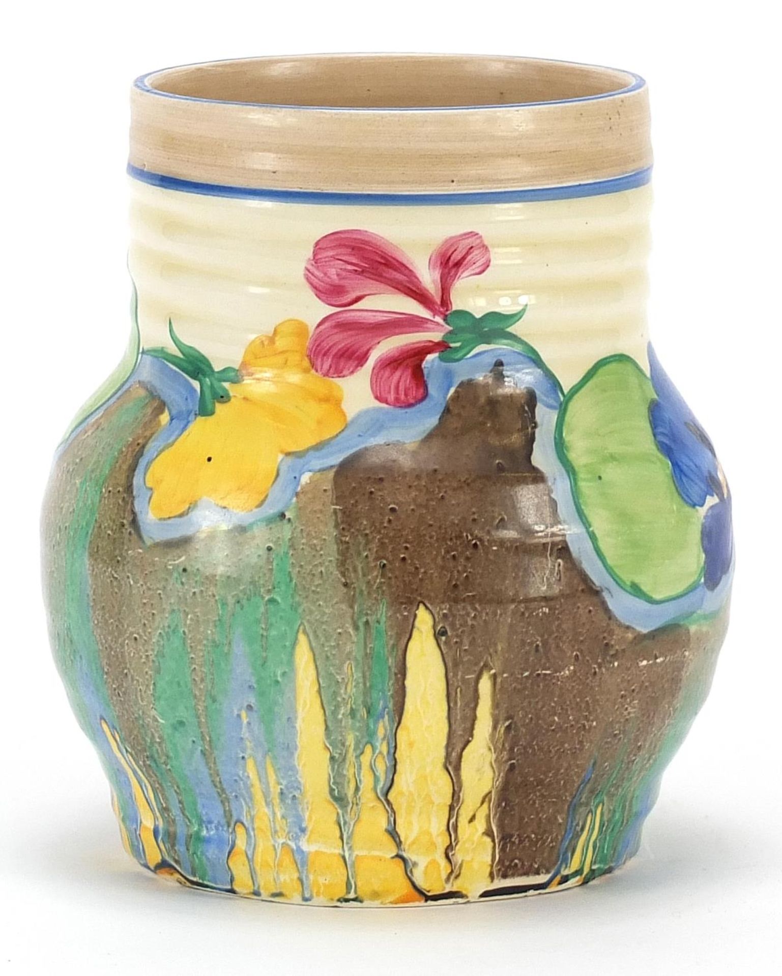 Clarice Cliff Bizarre pottery vase hand painted in the Delicia Pansies pattern, 12cm high - Image 2 of 3