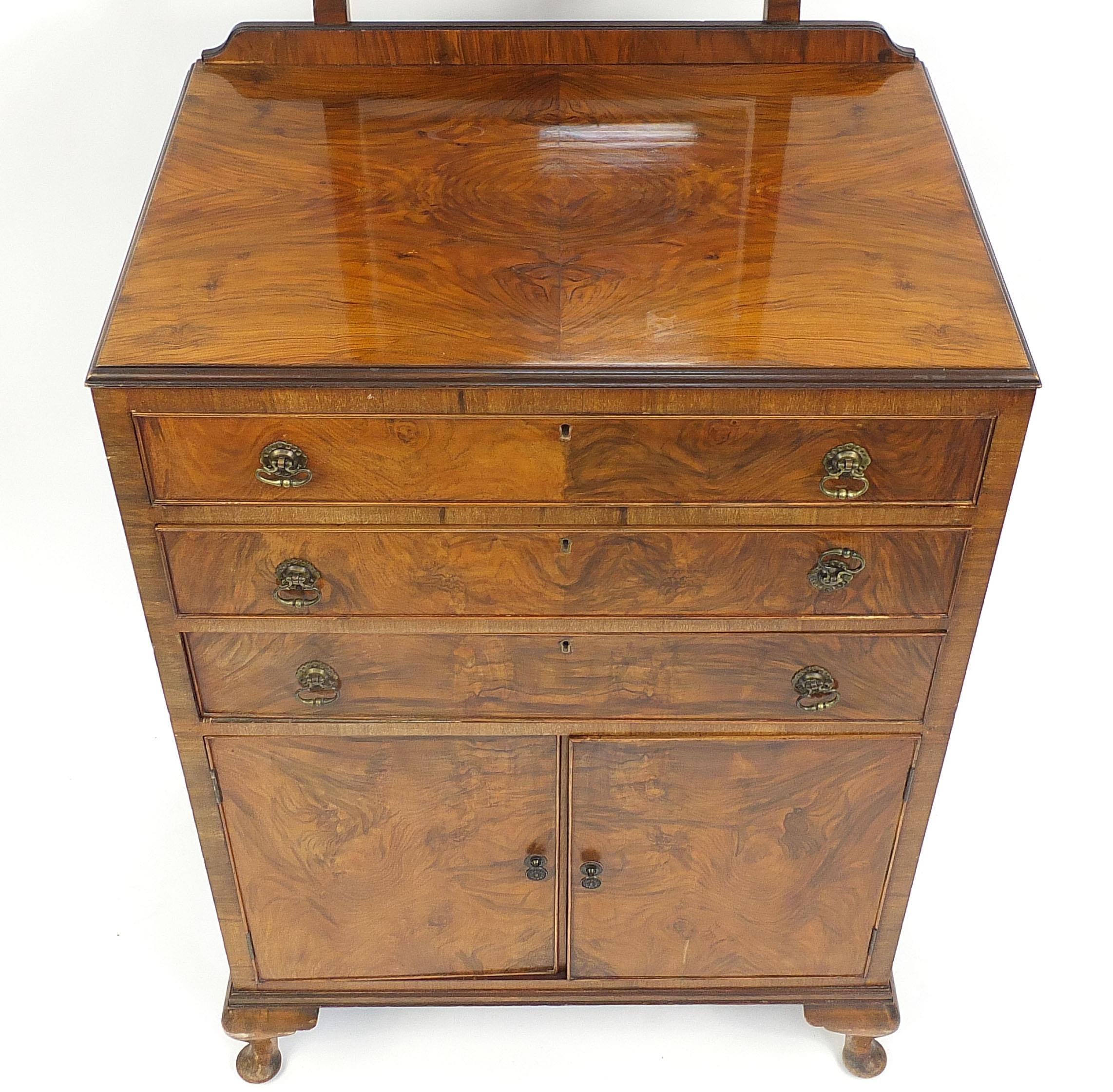 1930's walnut dressing chest with mirror above three drawers and cupboard base, 175cm H x 75cm W x - Image 3 of 4