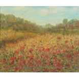 Field with poppies, Impressionist oil on board, bearing an inscription Strang verso, mounted and