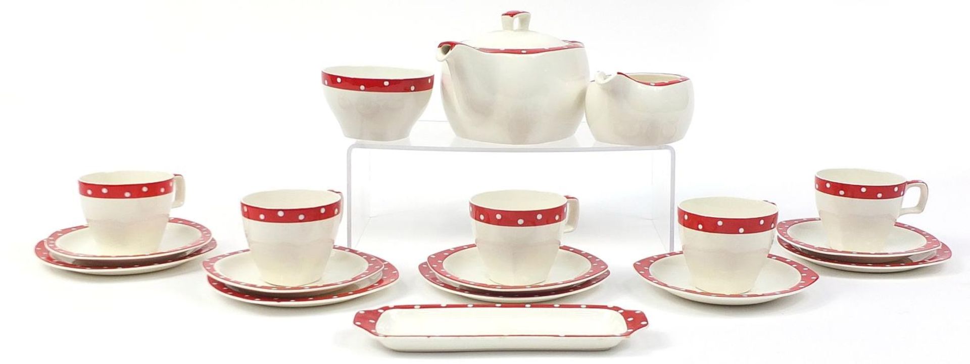 Midwinter Stylecraft polka dot teaware including teapot and cups with saucers, the largest 22cm in