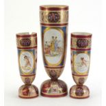Garniture of three Austrian Vienna vases, each hand painted with foliage and decorated with panels