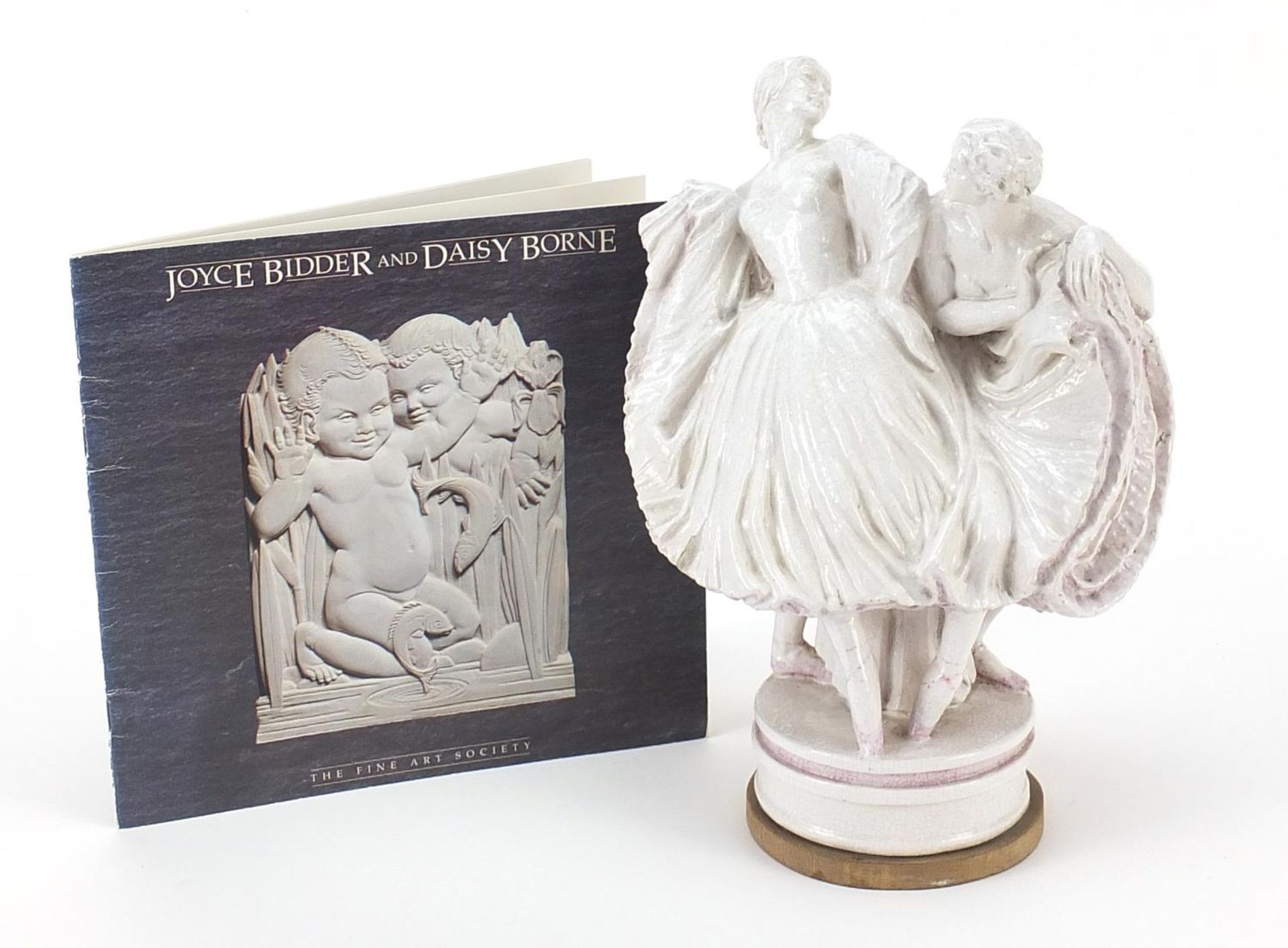 Joyce Bidder, contemporary cream glazed group of two dancers, with Fine Arts Society booklet, 26cm