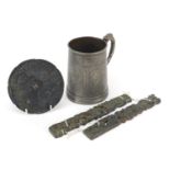 Chinese and Japanese objects including a pewter tankard engraved with animals and birds and a bronze