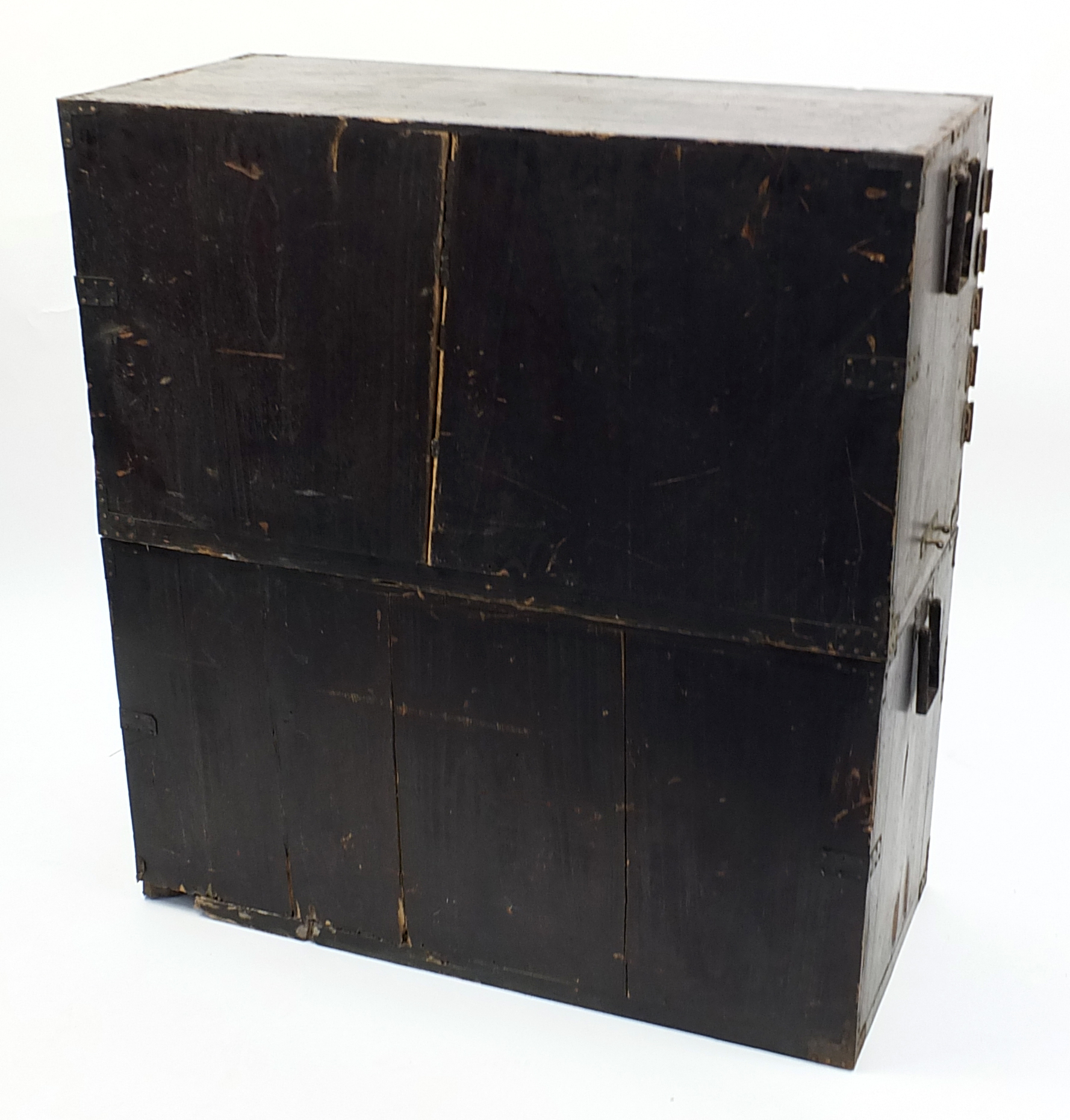 19th century Japanese iron bound two section tansu chest, 93.5cm H x 91cm W x 41.5cm D - Image 4 of 4