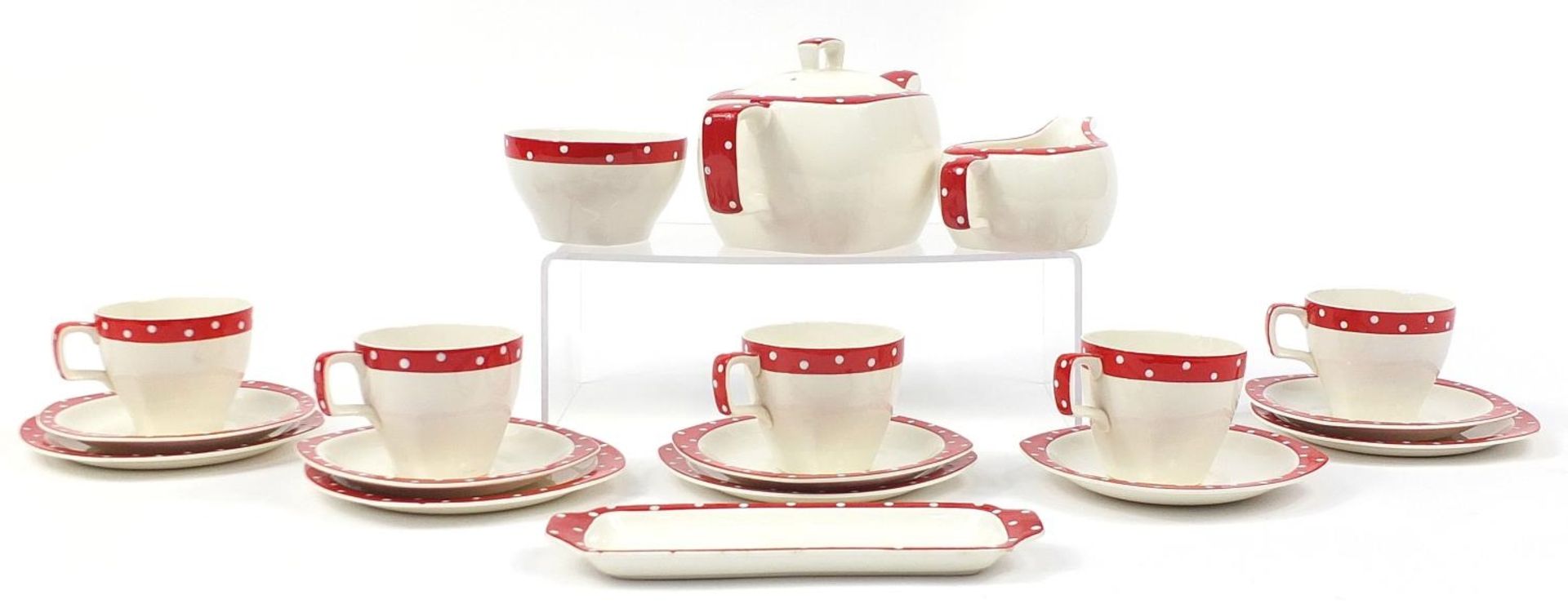 Midwinter Stylecraft polka dot teaware including teapot and cups with saucers, the largest 22cm in - Image 2 of 3