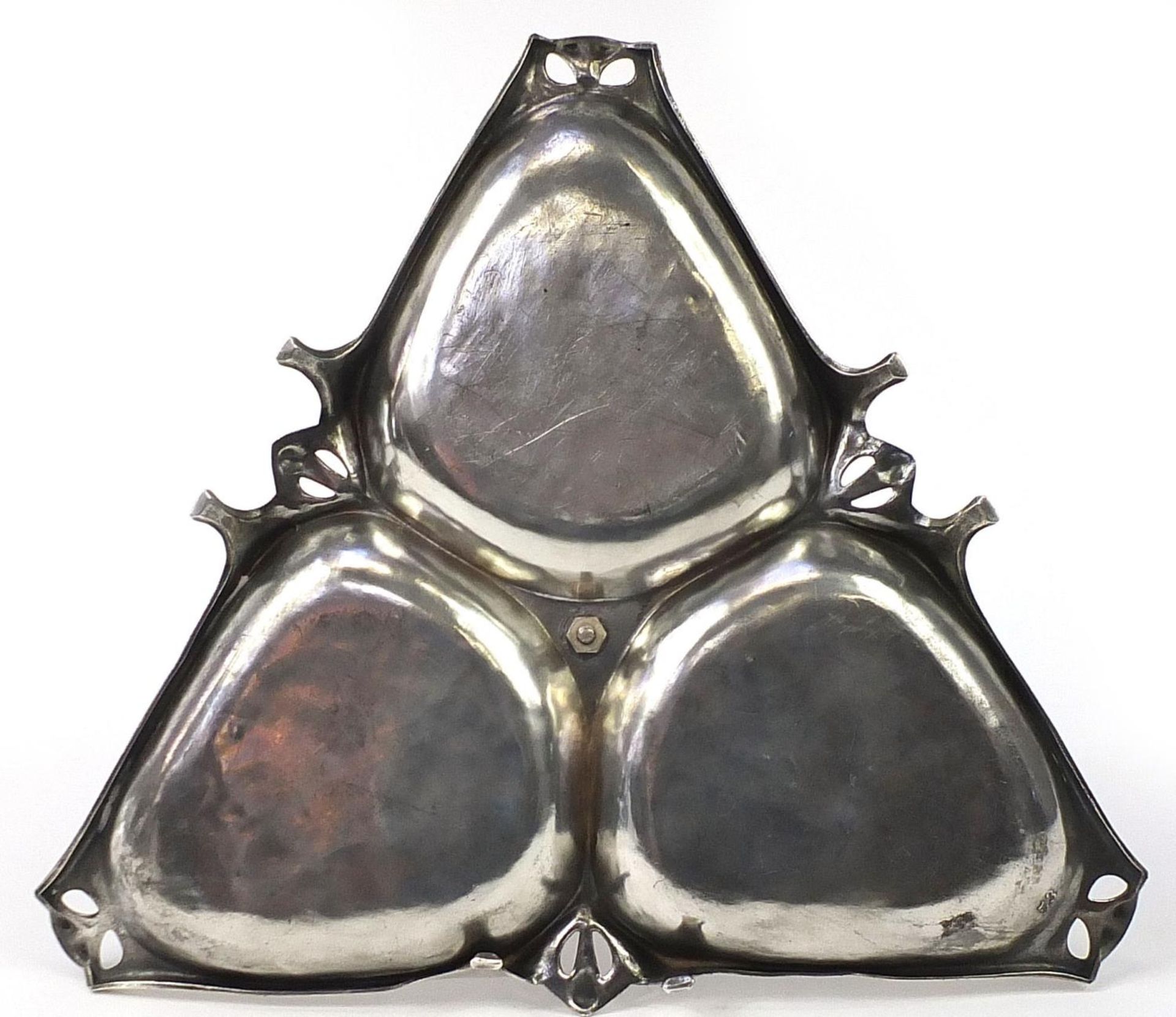 WMF, German Art Nouveau silver plated pewter figural centrepiece with triangular base, numbered 53 - Bild 3 aus 3